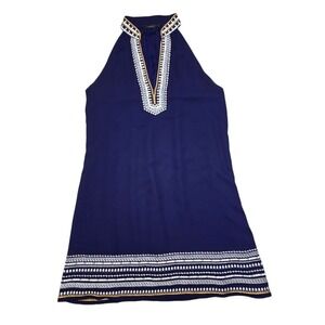 THML Navy Blue Embroidered Trim Boho Shift Dress Size M